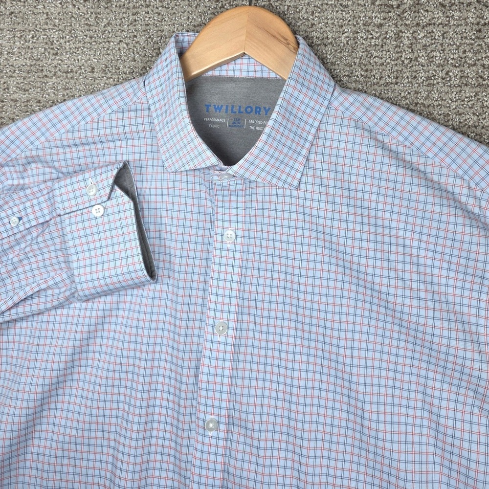 Twillory Performance Dress Shirt Mens 17.5 36/37 Tailored Fit Blue Plaid Check